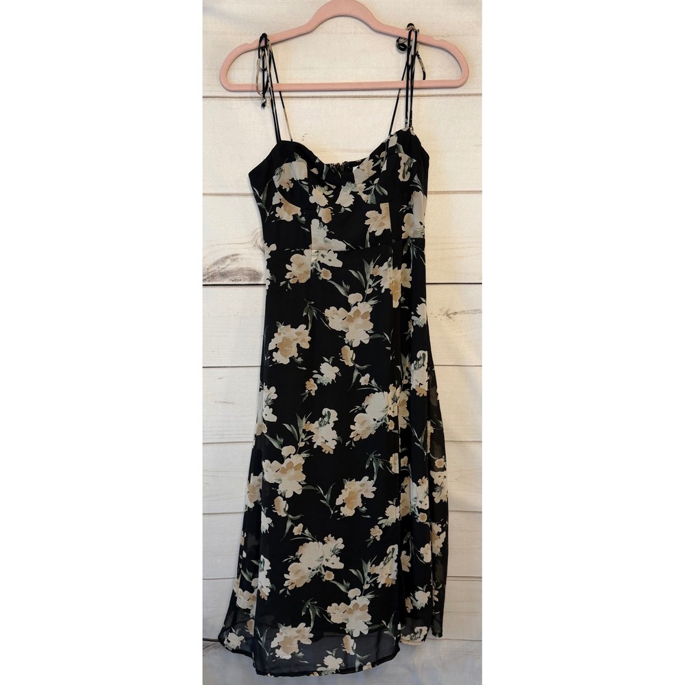 Petal + Pup Black Floral Midi Dress Sweetheart Neck Tie Strap Size 6
